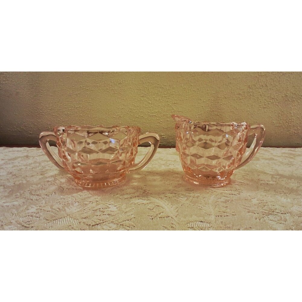 Pink Cream Sugar Bowl Set Vintage Jeannette  Glass Cubist Pattern MCM